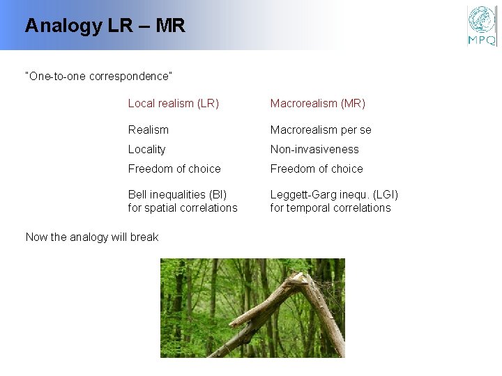 Analogy LR – MR “One-to-one correspondence” Local realism (LR) Macrorealism (MR) Realism Macrorealism per