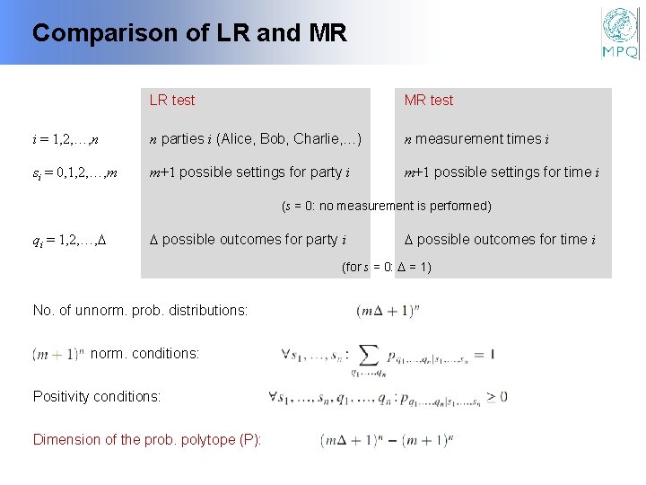 Comparison of LR and MR LR test MR test i = 1, 2, …,