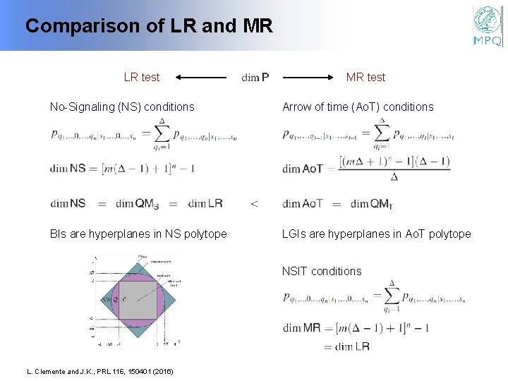 Comparison of LR and MR LR test MR test No-Signaling (NS) conditions Arrow of