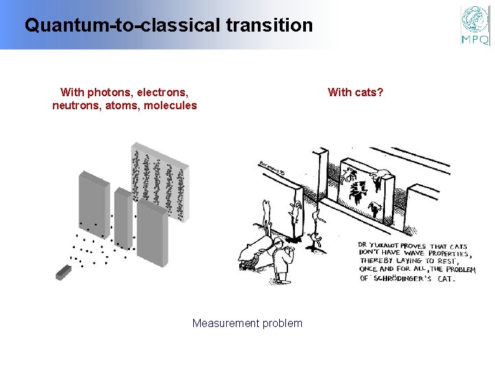 Quantum-to-classical transition With photons, electrons, neutrons, atoms, molecules Measurement problem With cats? 