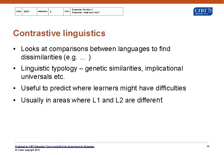 GM 1 2 Grammar Module 1: Grammar: what and why? Contrastive linguistics • Looks