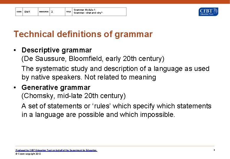 GM 1 2 Grammar Module 1: Grammar: what and why? Technical definitions of grammar