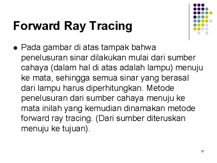 Forward Ray Tracing l Pada gambar di atas tampak bahwa penelusuran sinar dilakukan mulai