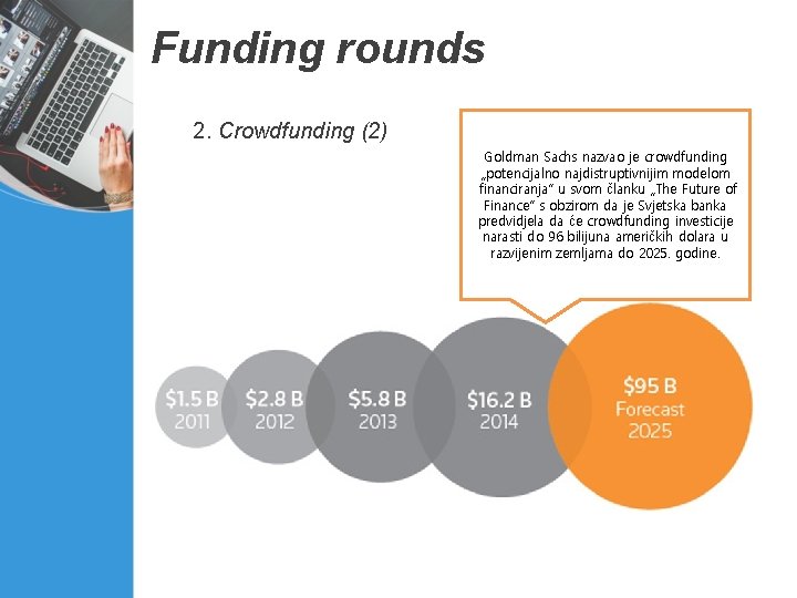 Funding rounds 2. Crowdfunding (2) Goldman Sachs nazvao je crowdfunding „potencijalno najdistruptivnijim modelom financiranja”