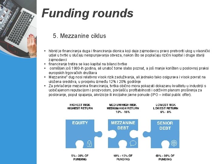 Funding rounds 5. Mezzanine ciklus • hibrid je financiranja duga i financiranja dionica koji