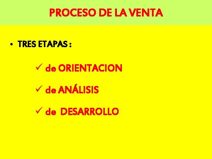 PROCESO DE LA VENTA • TRES ETAPAS : ü de ORIENTACION ü de ANÁLISIS