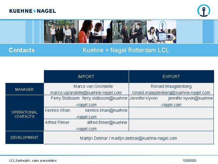 Contacts Kuehne + Nagel Rotterdam LCL IMPORT MANAGER OPERATIONAL CONTACTS Marco van Grondelle EXPORT