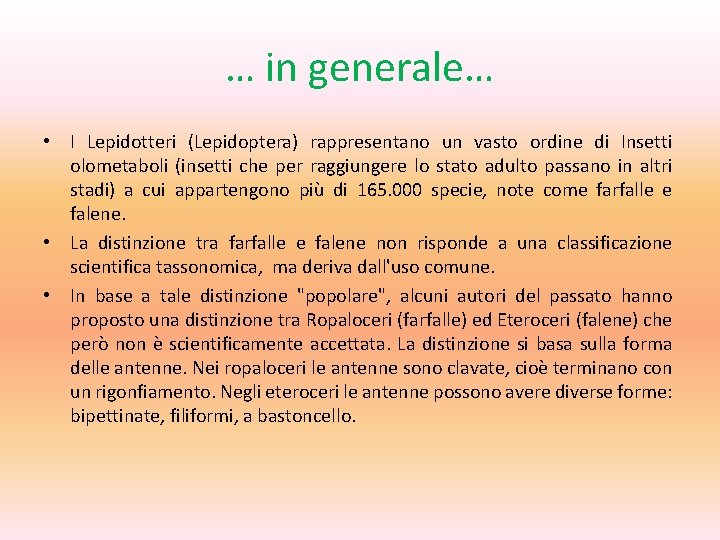 … in generale… • I Lepidotteri (Lepidoptera) rappresentano un vasto ordine di Insetti olometaboli