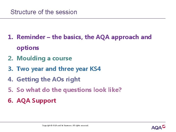 Structure of the session 1. Reminder – the basics, the AQA approach and options