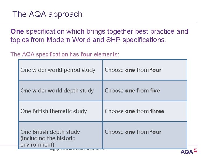 The AQA approach One specification which brings together best practice and topics from Modern