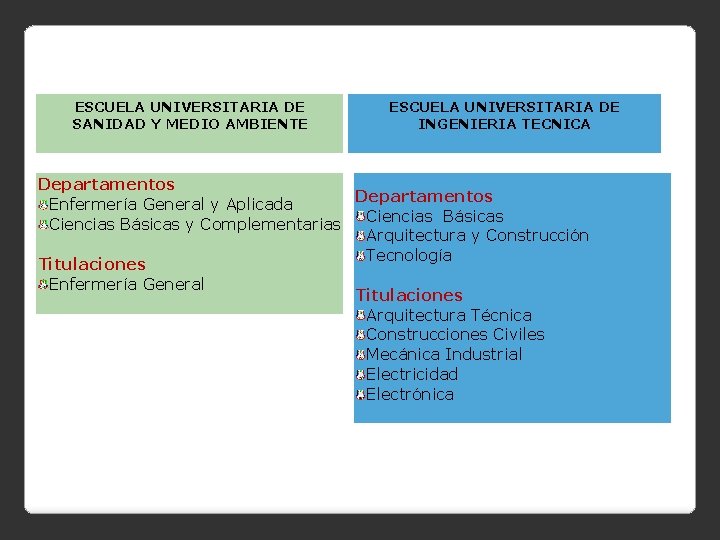 ESCUELA UNIVERSITARIA DE SANIDAD Y MEDIO AMBIENTE ESCUELA UNIVERSITARIA DE INGENIERIA TECNICA Departamentos Enfermería