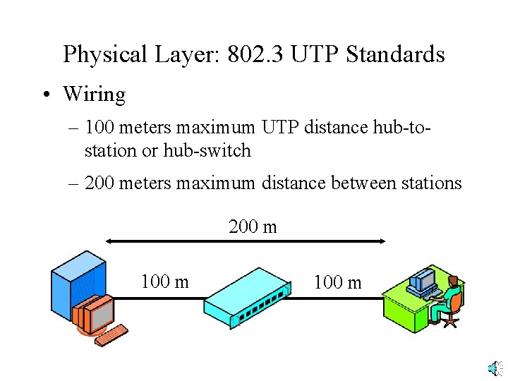 Physical Layer: 802. 3 UTP Standards • Wiring – 100 meters maximum UTP distance