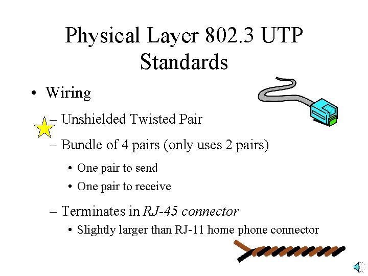 Physical Layer 802. 3 UTP Standards • Wiring – Unshielded Twisted Pair – Bundle