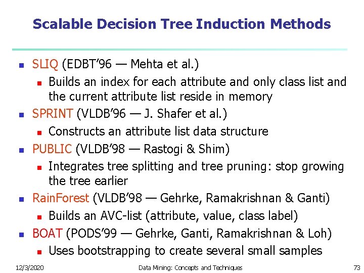 Scalable Decision Tree Induction Methods n n n SLIQ (EDBT’ 96 — Mehta et