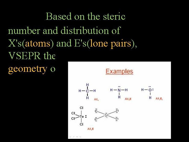 Based on the steric number and distribution of X's(atoms) and E's(lone pairs), VSEPR theory