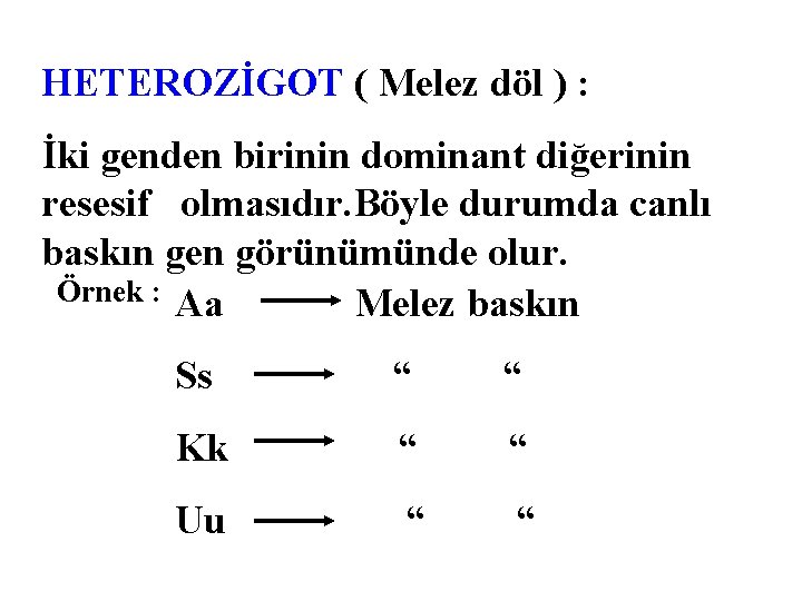 HETEROZİGOT ( Melez döl ) : İki genden birinin dominant diğerinin resesif olmasıdır. Böyle