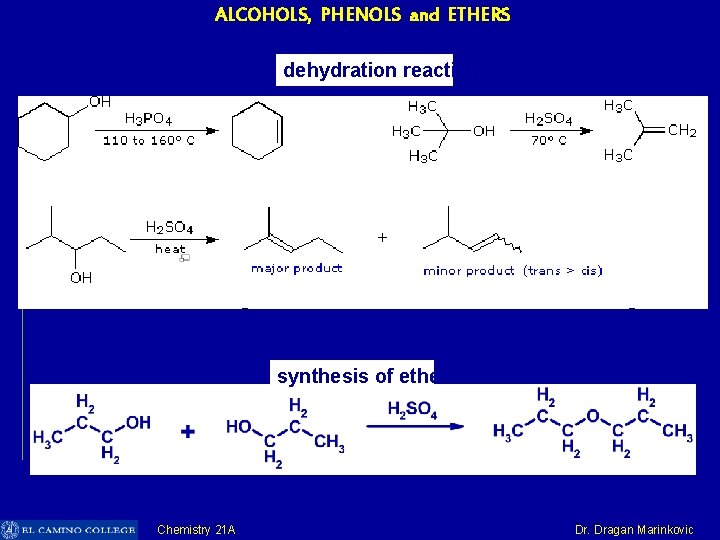 ALCOHOLS, PHENOLS and ETHERS dehydration reaction synthesis of ethers Chemistry 21 A Dr. Dragan