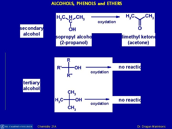ALCOHOLS, PHENOLS and ETHERS oxydation secondary alcohol isopropyl alcohol (2 -propanol) dimethyl ketone (acetone)