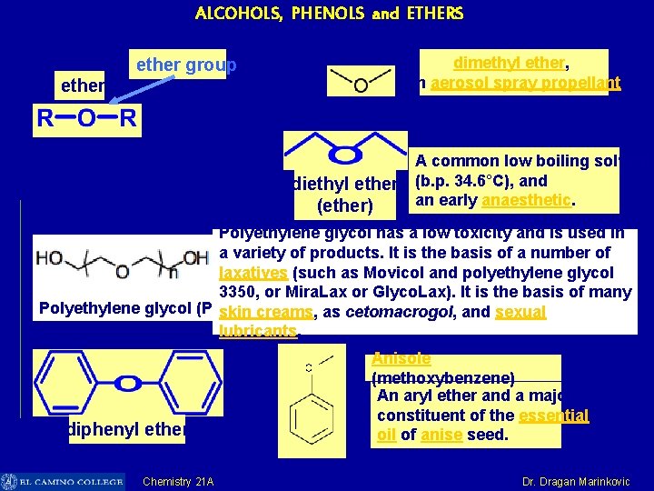 ALCOHOLS, PHENOLS and ETHERS ether group ether dimethyl ether, an aerosol spray propellant A