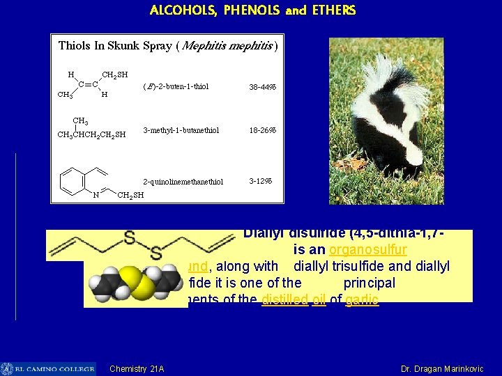 ALCOHOLS, PHENOLS and ETHERS Diallyl disulfide (4, 5 -dithia-1, 7 octadiene) is an organosulfur