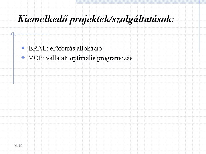 Kiemelkedő projektek/szolgáltatások: w ERAL: erőforrás allokáció w VOP: vállalati optimális programozás 2016. 