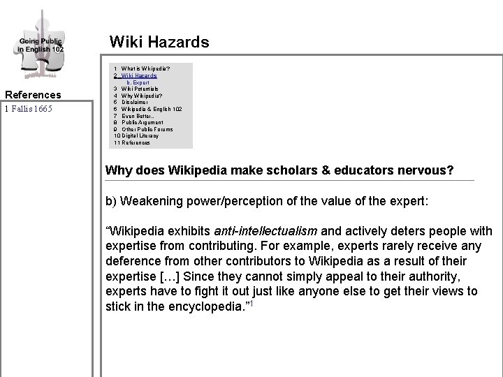 Wiki Hazards References 1 Fallis 1665 1 What is Wikipedia? 2 Wiki Hazards b. Wiki Hazards References 1 Fallis 1665 1 What is Wikipedia? 2 Wiki Hazards b.