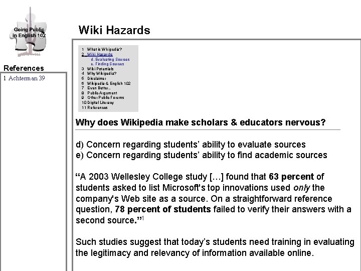 Wiki Hazards References 1 Achterman 39 1 What is Wikipedia? 2 Wiki Hazards d. Wiki Hazards References 1 Achterman 39 1 What is Wikipedia? 2 Wiki Hazards d.