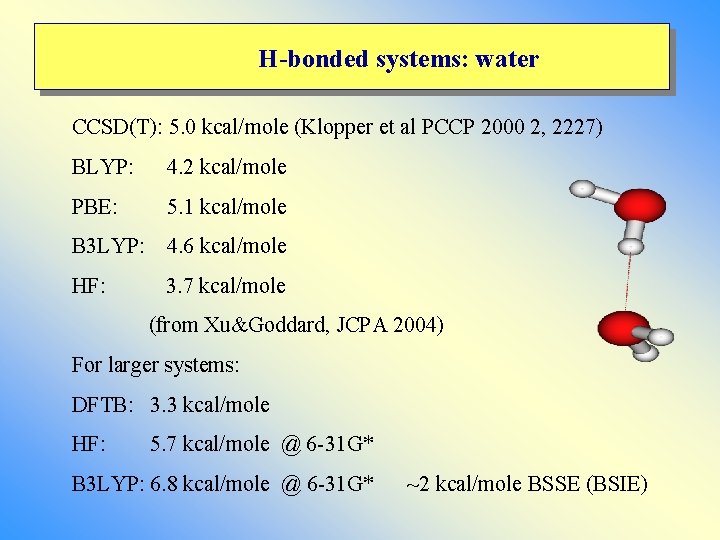 H-bonded systems: water CCSD(T): 5. 0 kcal/mole (Klopper et al PCCP 2000 2, 2227) H-bonded systems: water CCSD(T): 5. 0 kcal/mole (Klopper et al PCCP 2000 2, 2227)