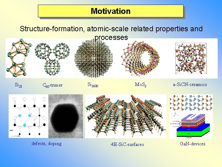 Motivation Structure-formation, atomic-scale related properties and processes Si 21 C 60 -trimer defects, doping Motivation Structure-formation, atomic-scale related properties and processes Si 21 C 60 -trimer defects, doping