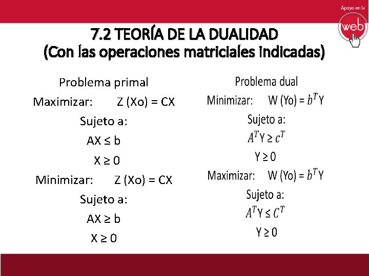 7. 2 TEORÍA DE LA DUALIDAD (Con las operaciones matriciales indicadas) Problema primal Maximizar: