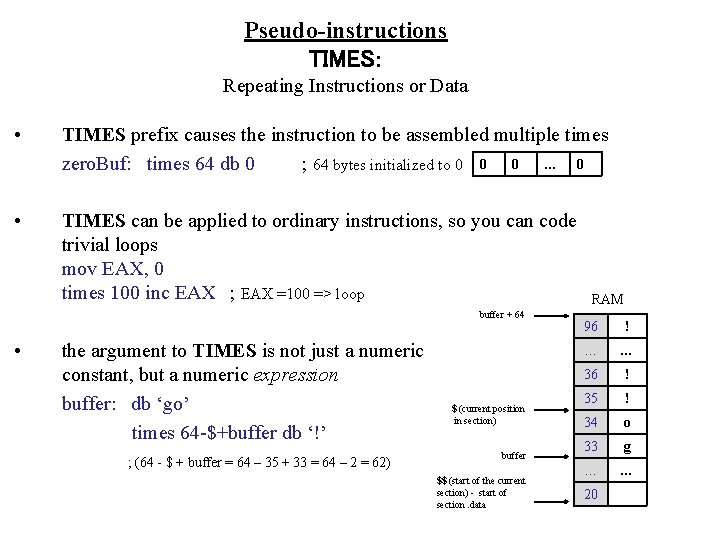 Pseudo-instructions TIMES: Repeating Instructions or Data • TIMES prefix causes the instruction to be