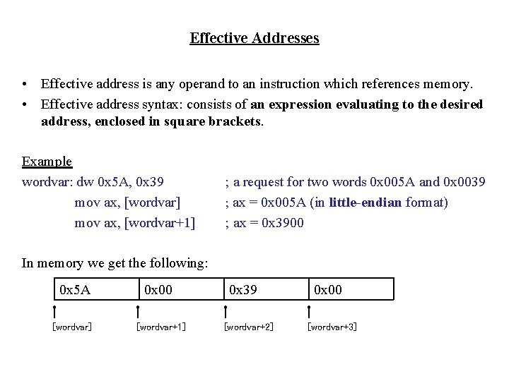 Effective Addresses • Effective address is any operand to an instruction which references memory.