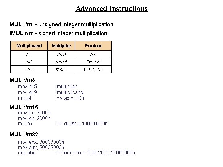 Advanced Instructions MUL r/m - unsigned integer multiplication IMUL r/m - signed integer multiplication