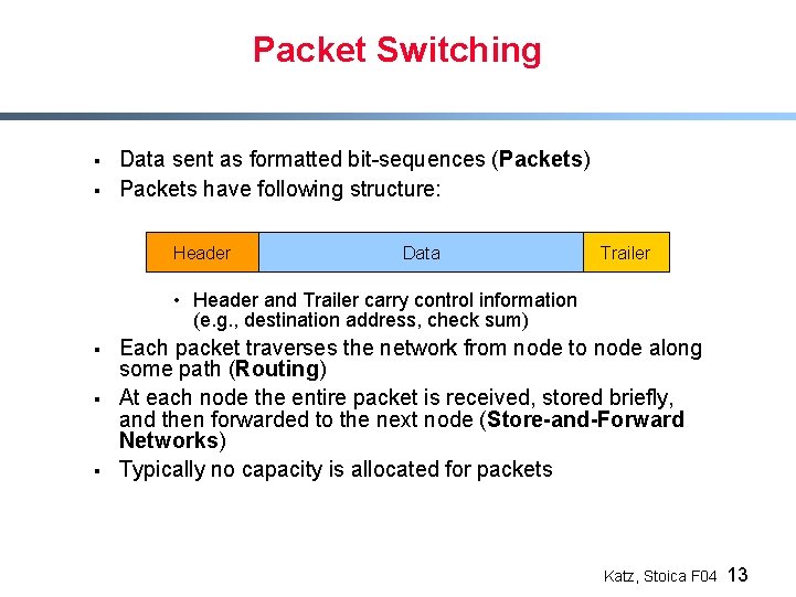 Packet Switching § § Data sent as formatted bit-sequences (Packets) Packets have following structure: