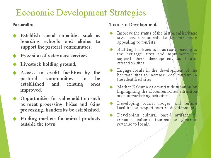 Economic Development Strategies Pastoralism Establish social amenities such as boarding schools and clinics to