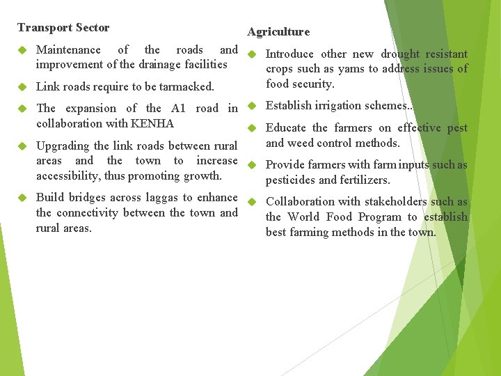 Transport Sector Agriculture Maintenance of the roads and Introduce other new drought resistant improvement