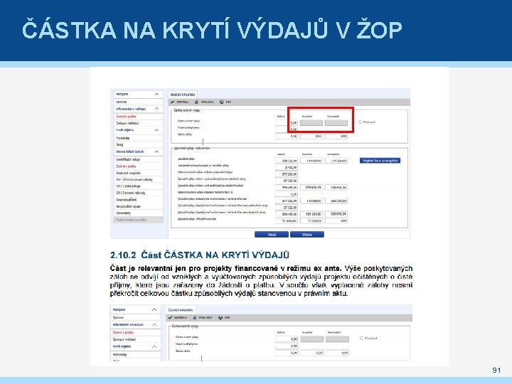 ČÁSTKA NA KRYTÍ VÝDAJŮ V ŽOP 91 