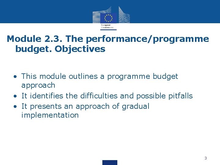 Module 2. 3. The performance/programme budget. Objectives • This module outlines a programme budget