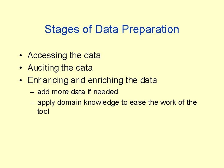 Stages of Data Preparation • Accessing the data • Auditing the data • Enhancing Stages of Data Preparation • Accessing the data • Auditing the data • Enhancing