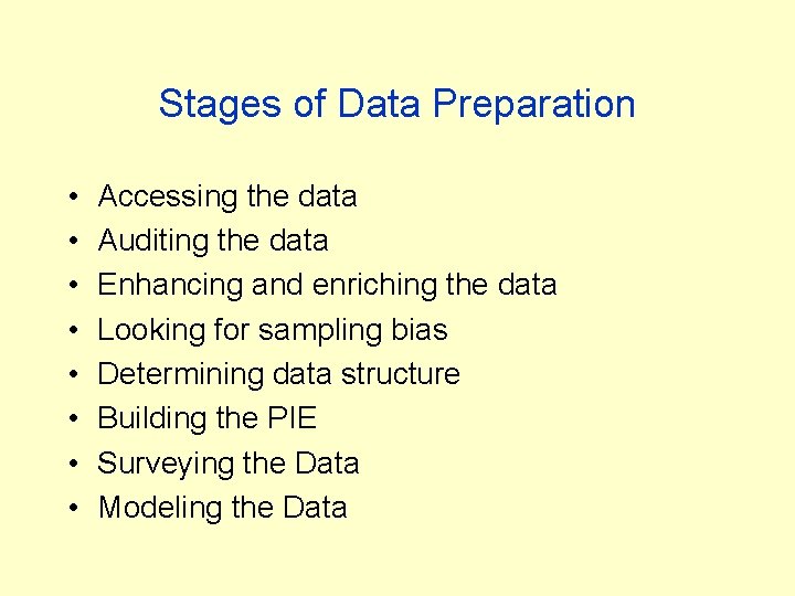 Stages of Data Preparation • • Accessing the data Auditing the data Enhancing and Stages of Data Preparation • • Accessing the data Auditing the data Enhancing and