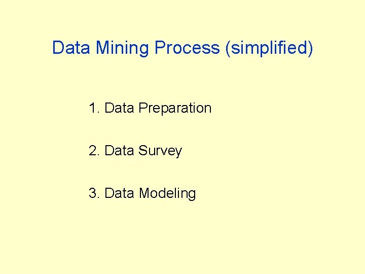 Data Mining Process (simplified) 1. Data Preparation 2. Data Survey 3. Data Modeling Data Mining Process (simplified) 1. Data Preparation 2. Data Survey 3. Data Modeling