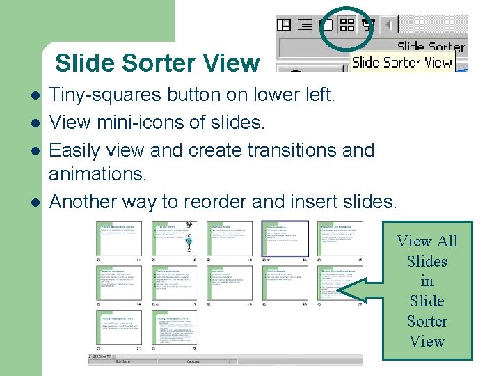 Slide Sorter View l l Tiny-squares button on lower left. View mini-icons of slides. Slide Sorter View l l Tiny-squares button on lower left. View mini-icons of slides.