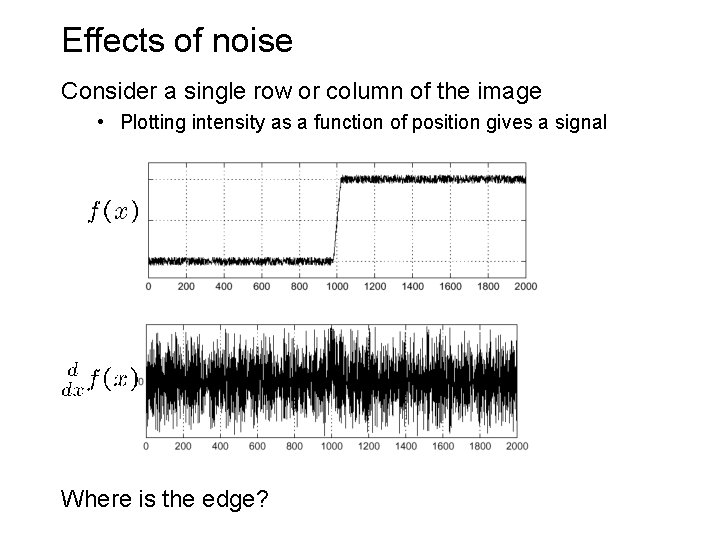 Effects of noise Consider a single row or column of the image • Plotting