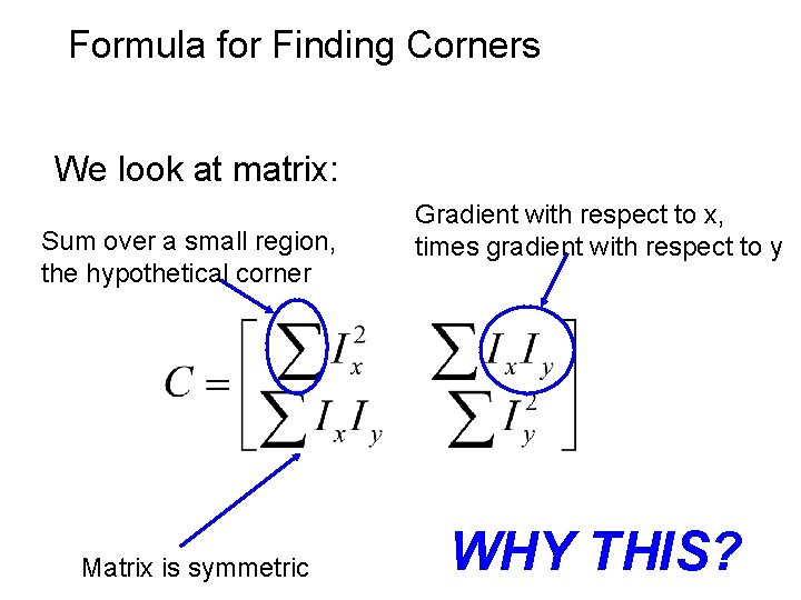 Formula for Finding Corners We look at matrix: Sum over a small region, the