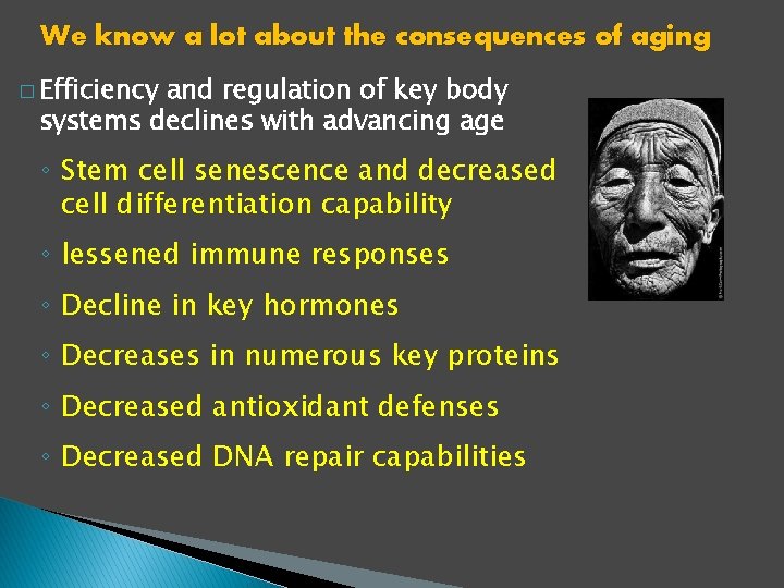 We know a lot about the consequences of aging � Efficiency and regulation of