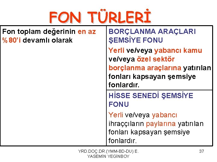 FON TÜRLERİ Fon toplam değerinin en az %80’i devamlı olarak BORÇLANMA ARAÇLARI ŞEMSİYE FONU