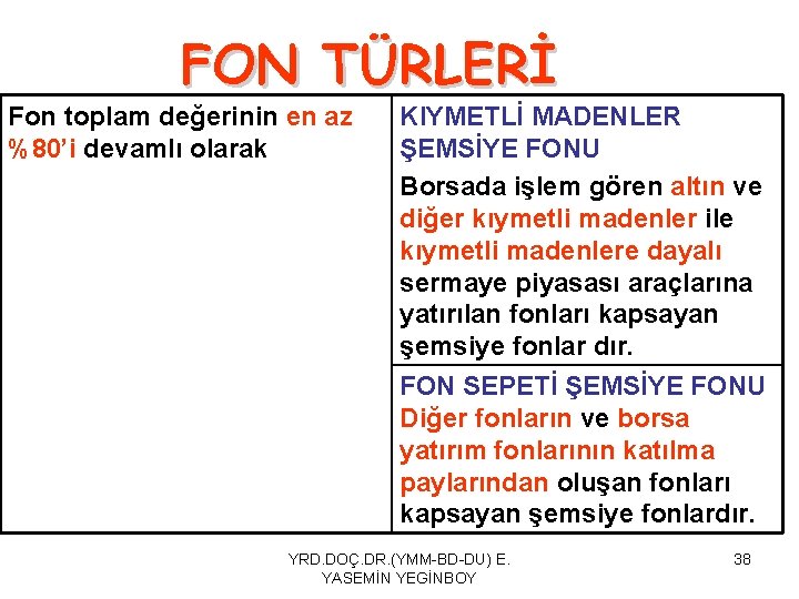 FON TÜRLERİ Fon toplam değerinin en az %80’i devamlı olarak KIYMETLİ MADENLER ŞEMSİYE FONU