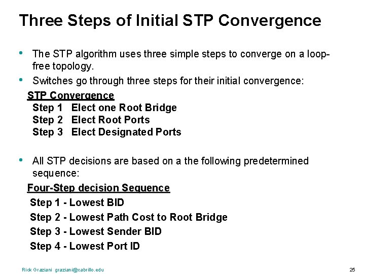 Three Steps of Initial STP Convergence • • • The STP algorithm uses three