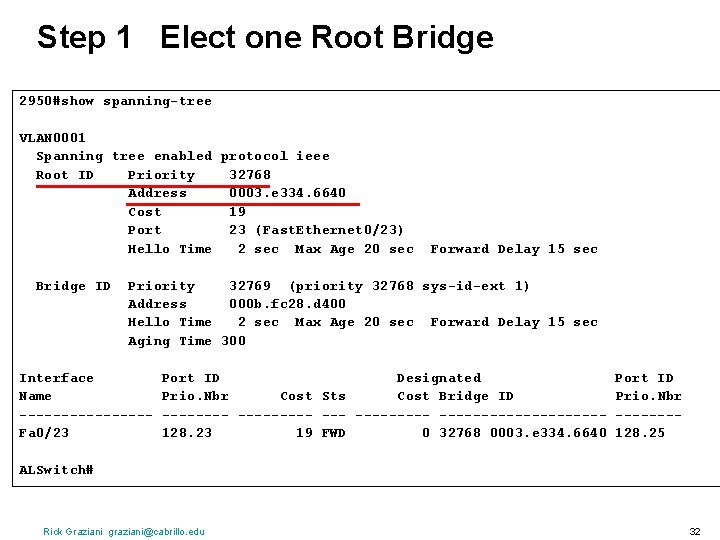 Step 1 Elect one Root Bridge 2950#show spanning-tree VLAN 0001 Spanning tree enabled protocol