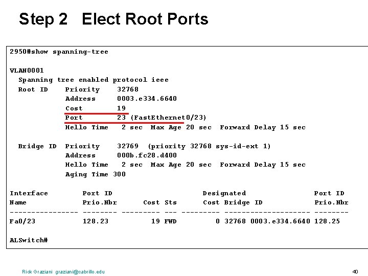 Step 2 Elect Root Ports 2950#show spanning-tree VLAN 0001 Spanning tree enabled protocol ieee